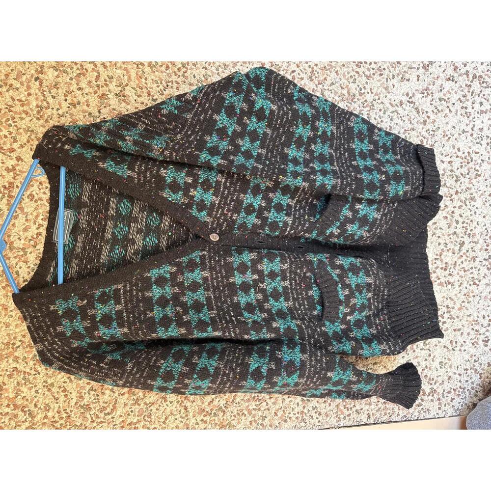Vintage Kenneth Roberts Wool Cardigan L Made in Hong Kong Geometric Knit